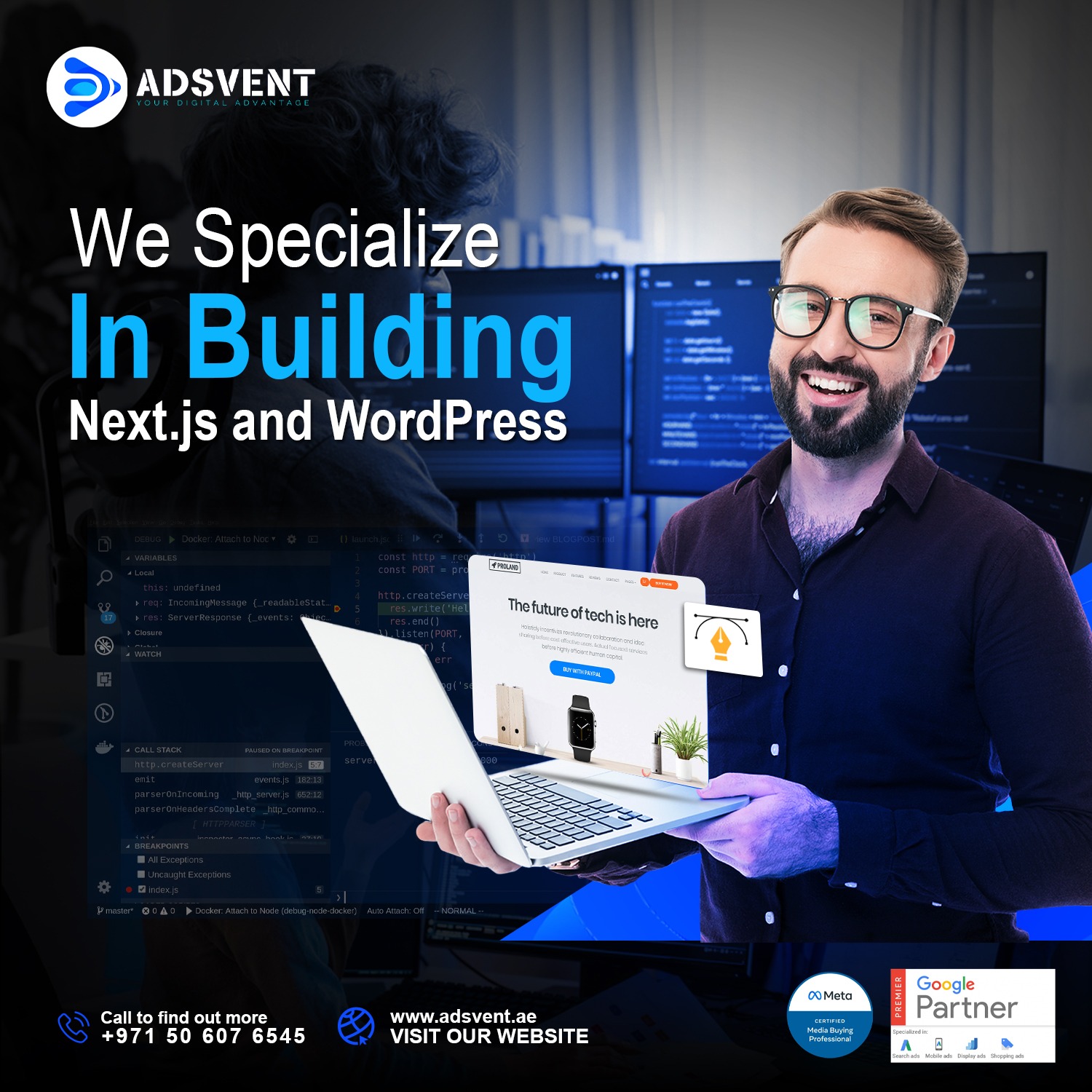 Adsvent Marketing Website Development Next Js React With Cms, Dubai